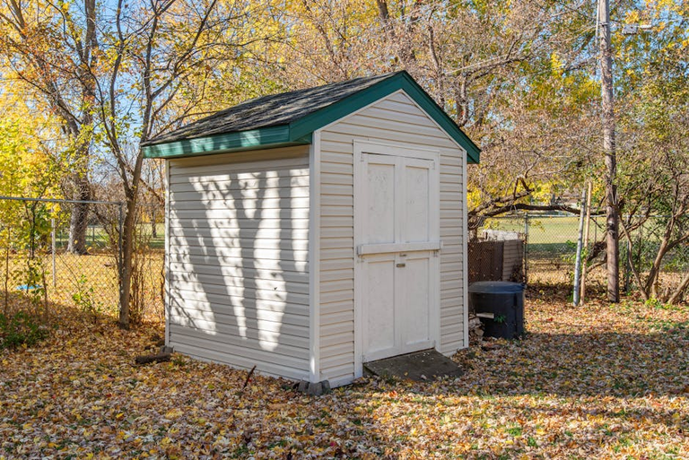 Wooden garden shed surrounded by trees — a small solar panel system provides lighting, power tools and phone charging with no cable from the house needed